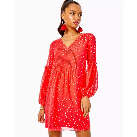 Lilly Pulitzer Dresses & Skirts - Lilly Pulitzer Cleme Silk Dress Ruby Red Metallic Long Sleeve Mini 14